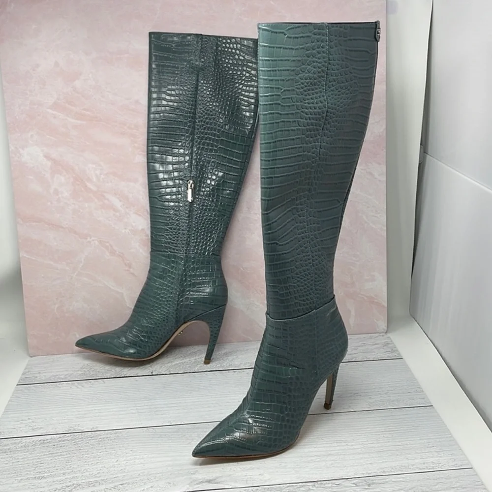 Sam Edelman Fraya Knee High Boot in Teal Mock Croc Leather - Picture 1 of 5